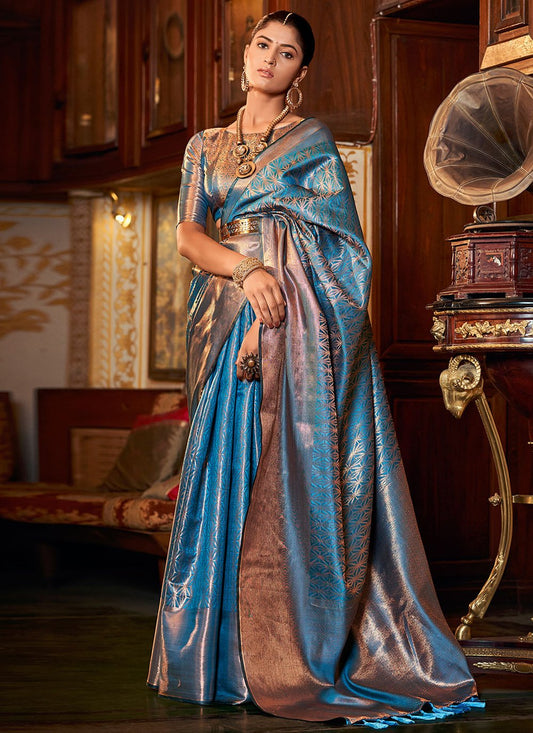 Contemporary Silk Firozi Weaving Saree