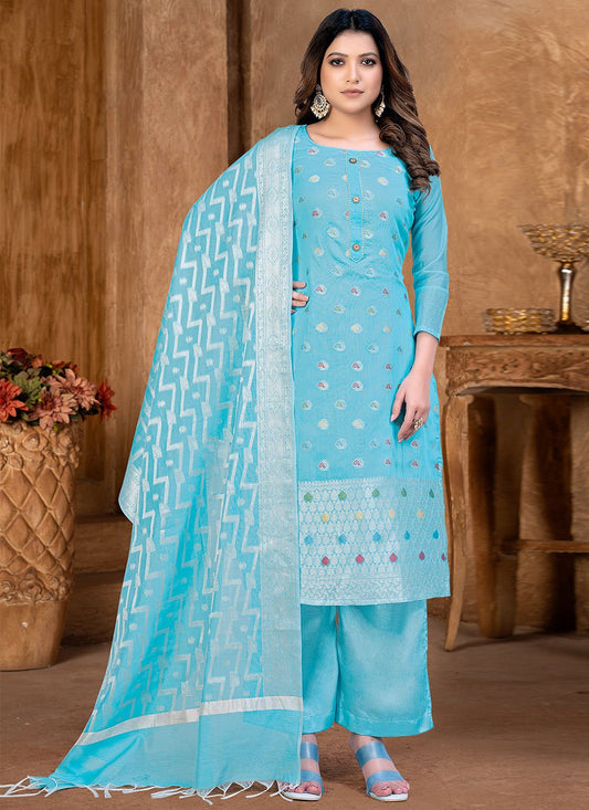 Floor Lenght Salwar Suit Banarasi Jacquard Firozi Weaving Salwar Kameez