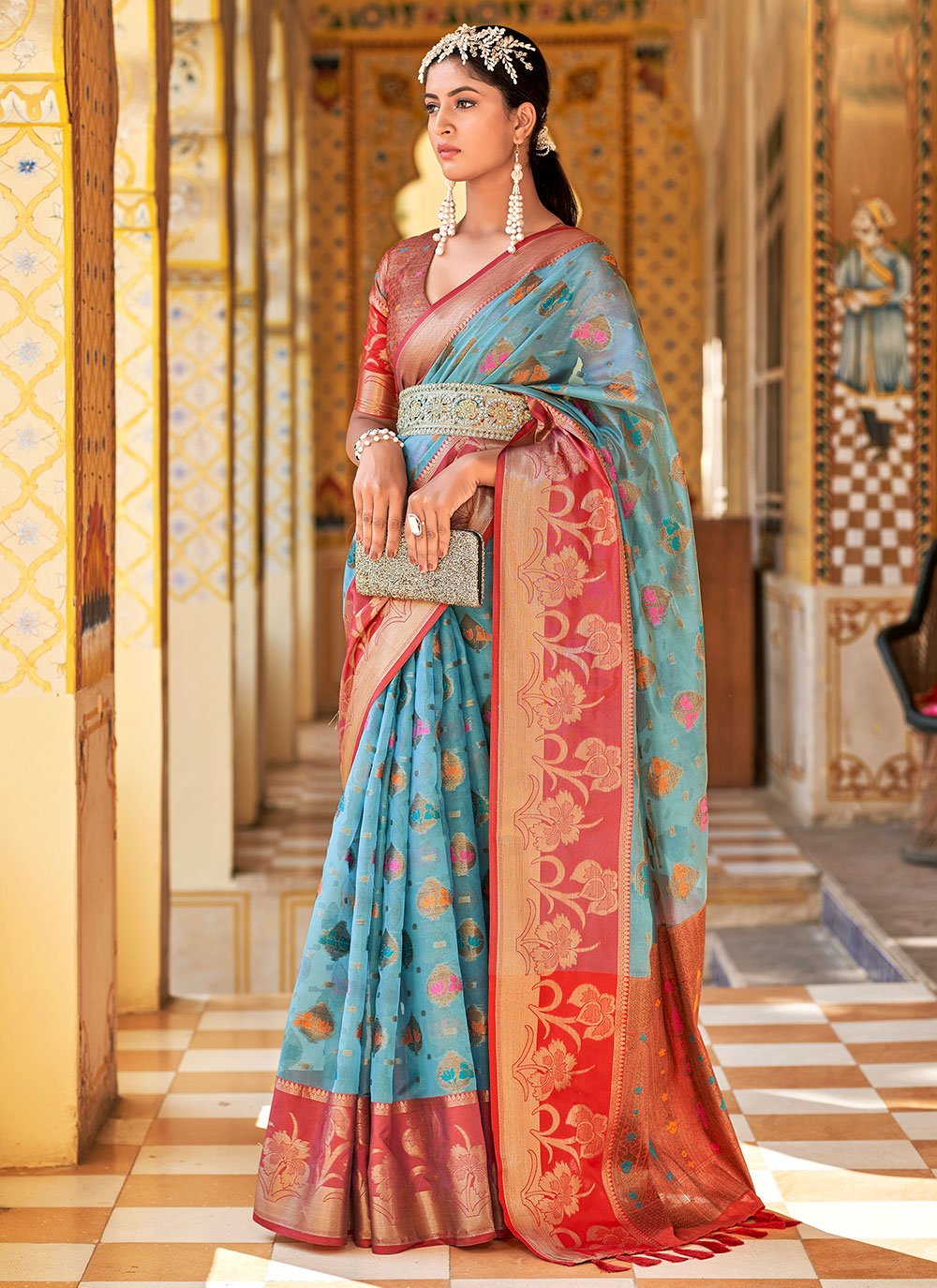 Classic Silk Tissue Firozi Weaving Saree