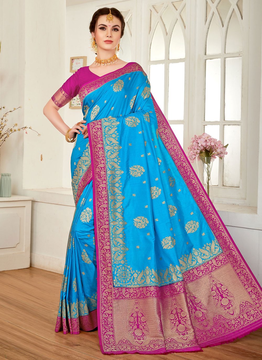 Contemporary Silk Firozi Weaving Saree