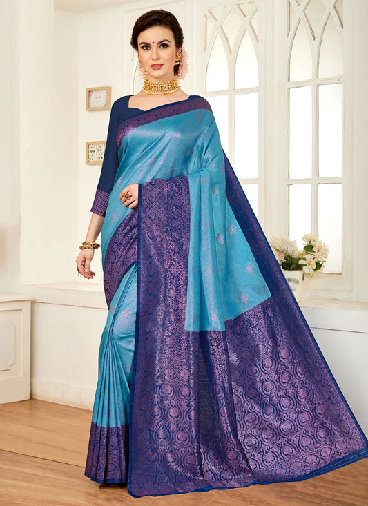 Contemporary Silk Firozi Weaving Saree