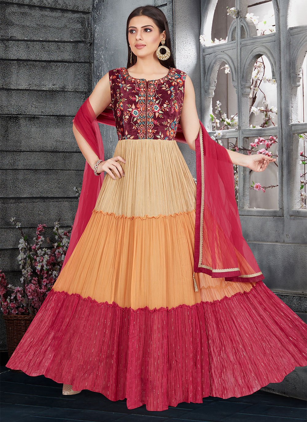 Gown Georgette Velvet Multi Colour Embroidered Gown