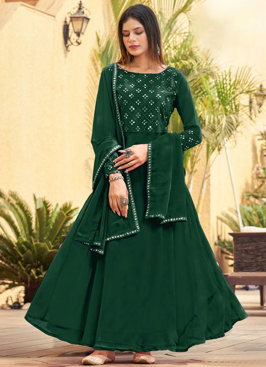 Floor Lenght Salwar Suit Georgette Green Mirror Salwar Kameez