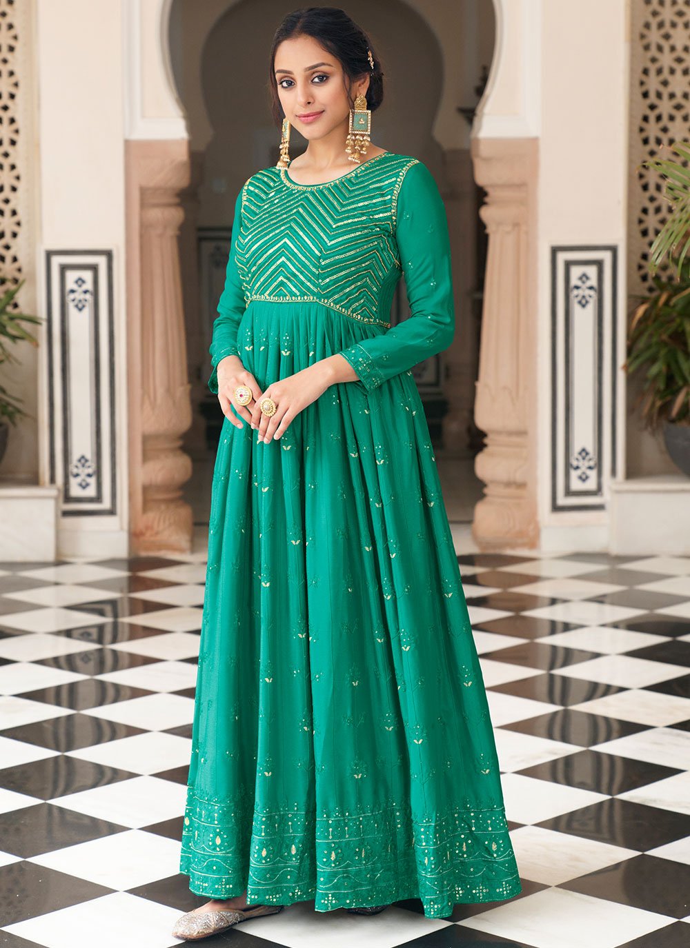 Floor Lenght Salwar Suit Chinon Rama Embroidered Salwar Kameez