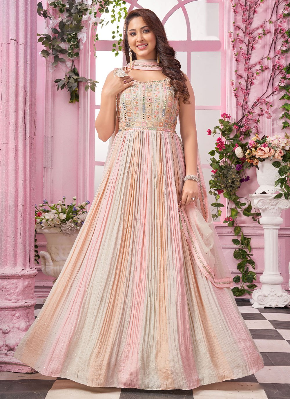 Floor Lenght Salwar Suit Chinon Pink Embroidered Salwar Kameez