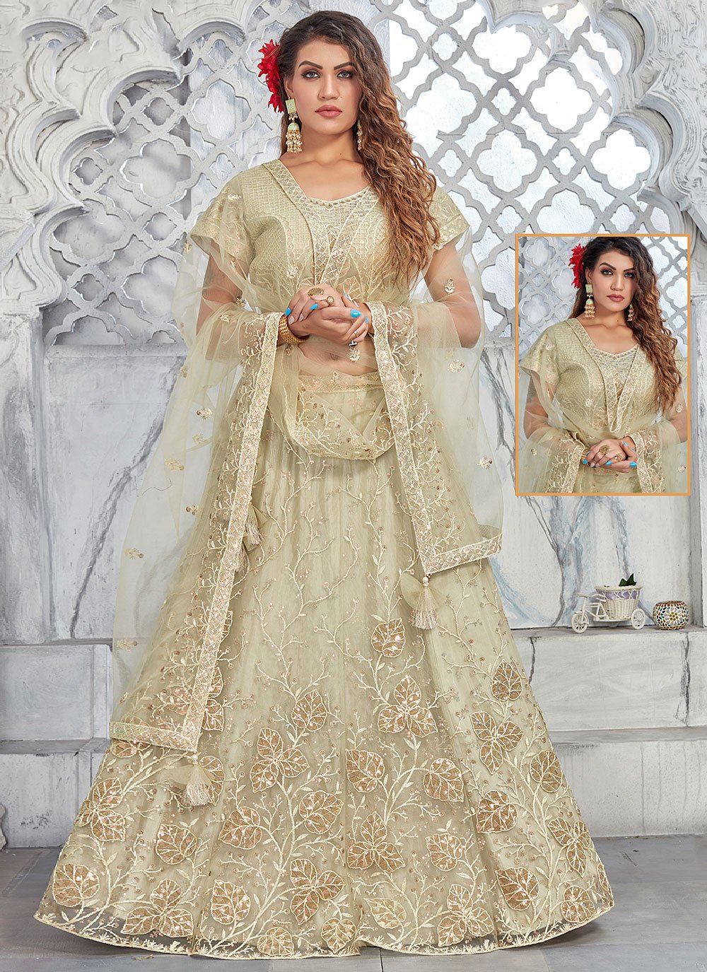 Lehenga Choli Net Beige Embroidered Lehenga Choli