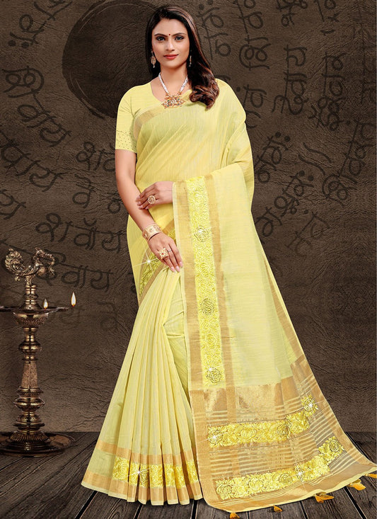 Contemporary Linen Tissue Yellow Embroidered Saree