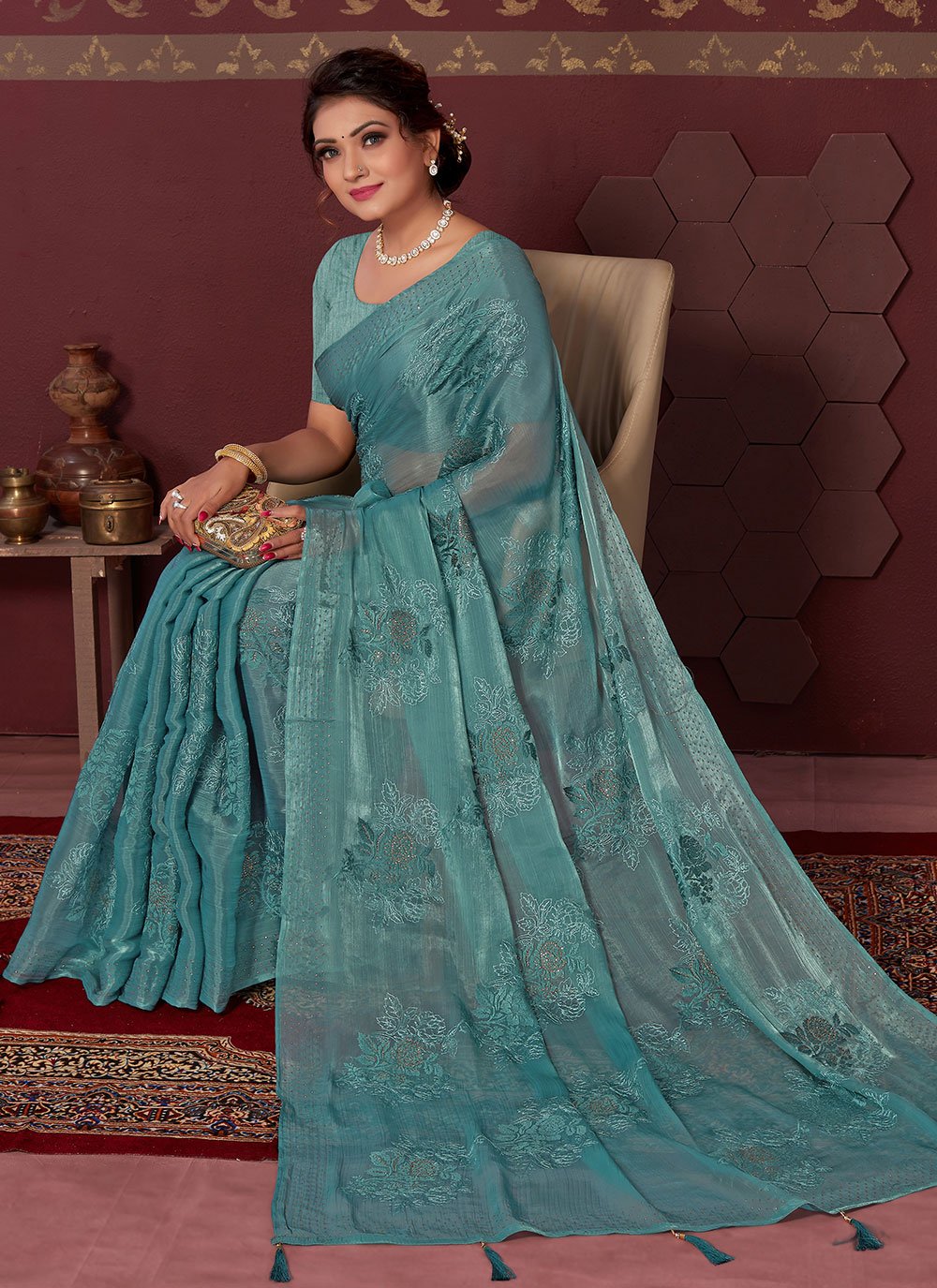 Contemporary Silk Blend Blue Embroidered Saree