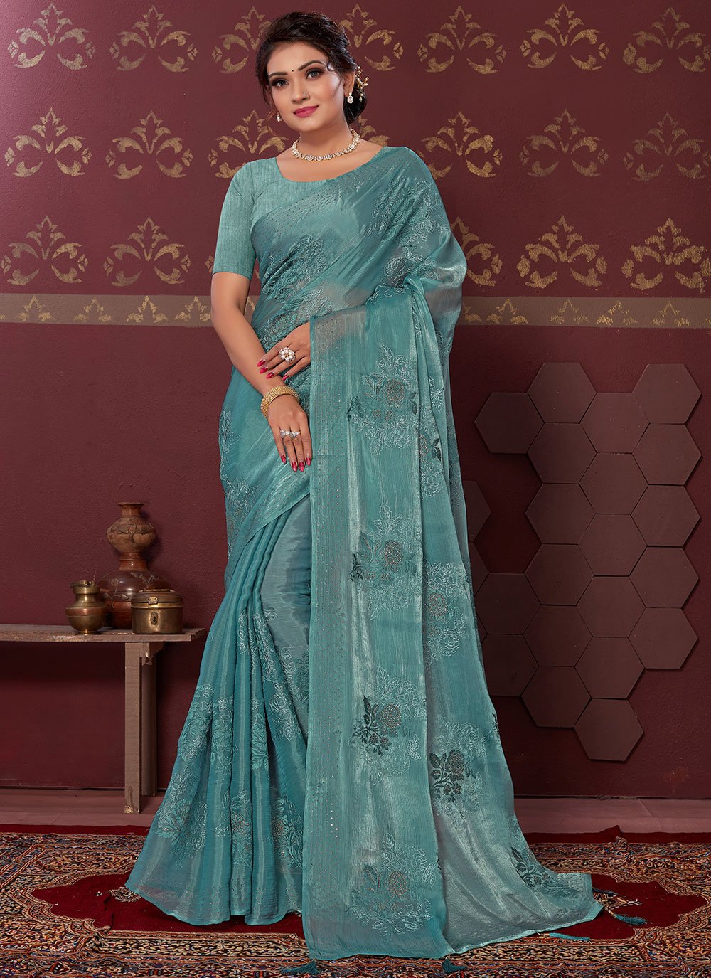 Contemporary Silk Blend Blue Embroidered Saree