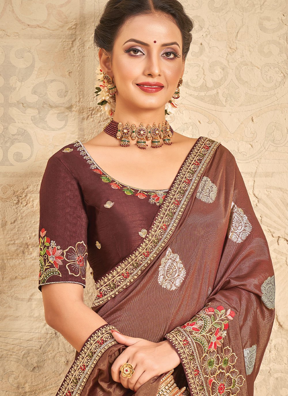 Contemporary Khadi Silk Brown Embroidered Saree