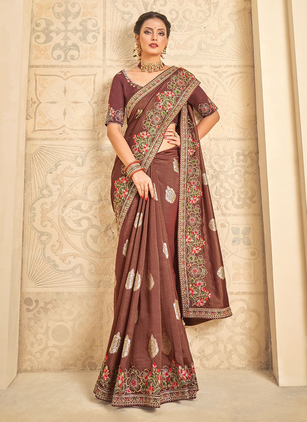 Contemporary Khadi Silk Brown Embroidered Saree