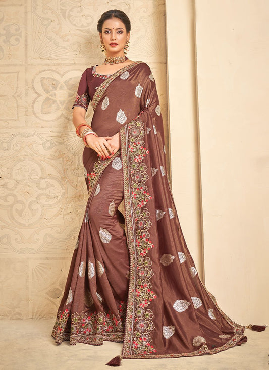 Contemporary Khadi Silk Brown Embroidered Saree