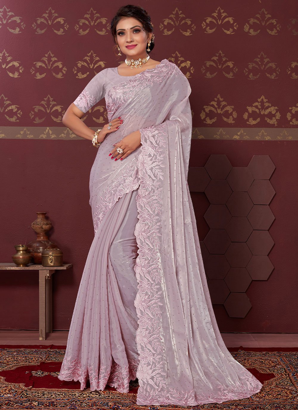 Trendy Saree Silk Blend Lavender Embroidered Saree