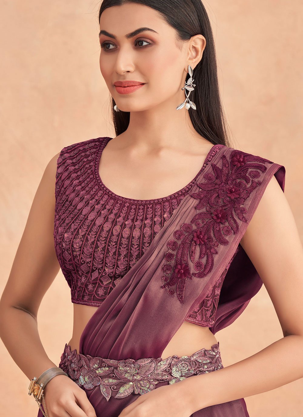 Lehenga Style Saree Art Silk Purple Embroidered Saree