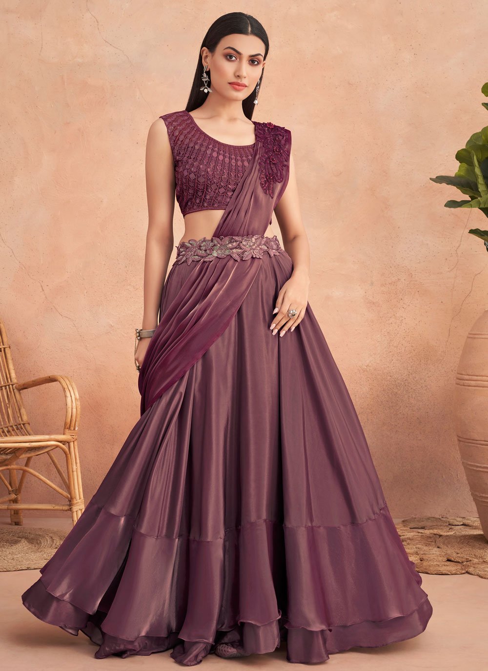 Lehenga Style Saree Art Silk Purple Embroidered Saree