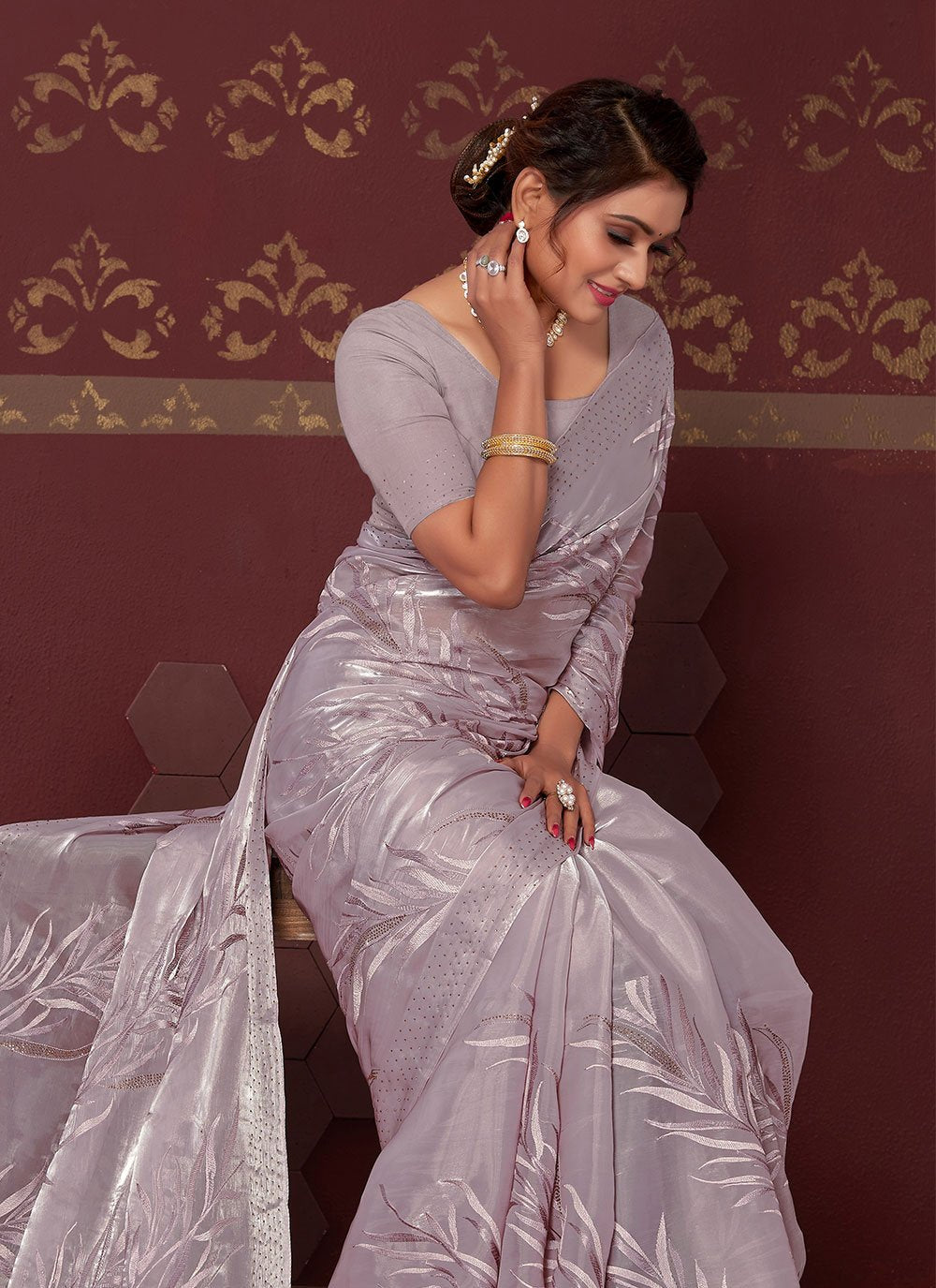 Contemporary Silk Blend Mauve Embroidered Saree