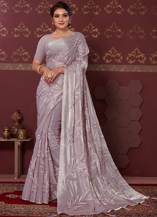 Contemporary Silk Blend Mauve Embroidered Saree