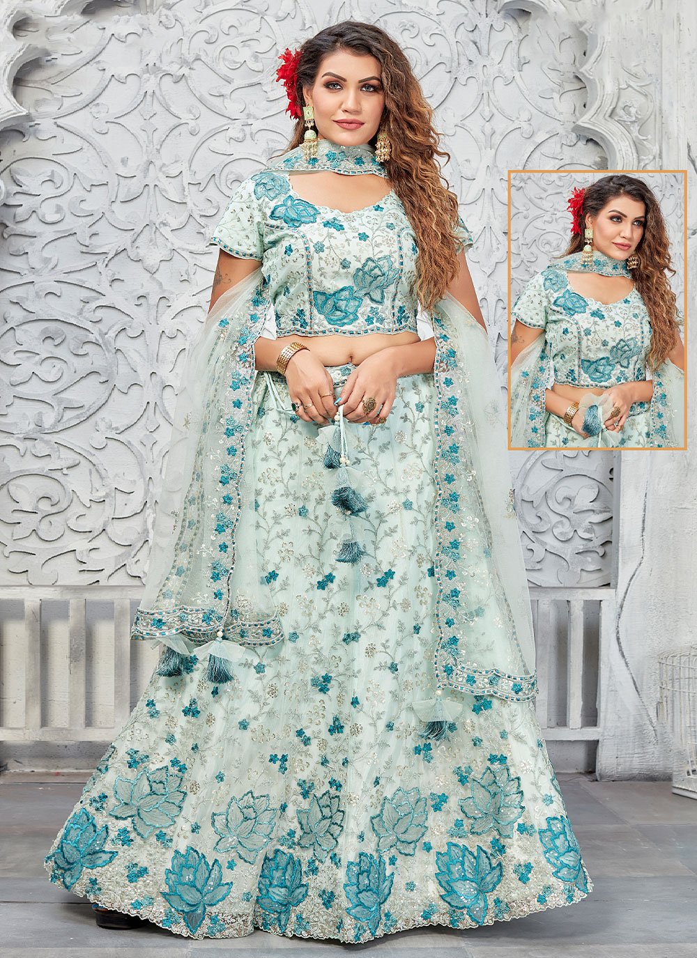 A Line Lehenga Net Aqua Blue Embroidered Lehenga Choli