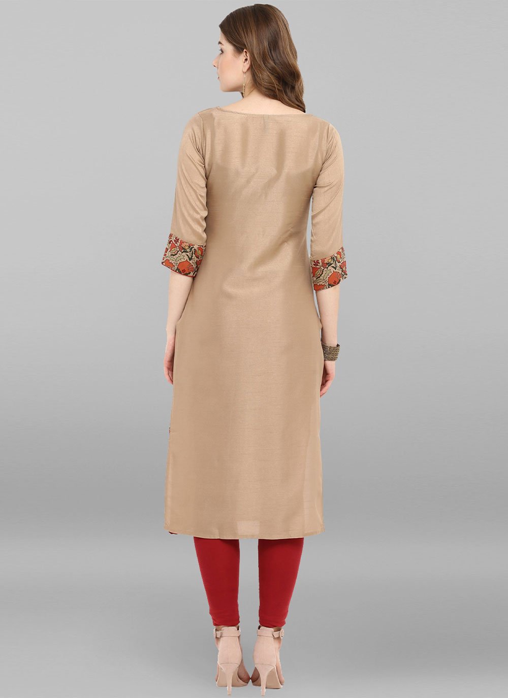 Party Wear Kurti Faux Crepe Beige Floral Patch Kurtis