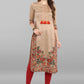 Party Wear Kurti Faux Crepe Beige Floral Patch Kurtis