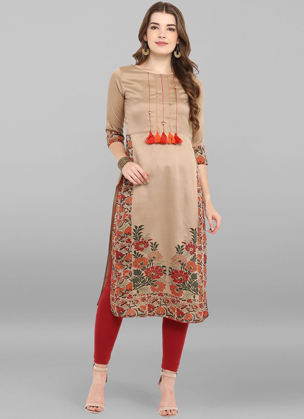 Party Wear Kurti Faux Crepe Beige Floral Patch Kurtis