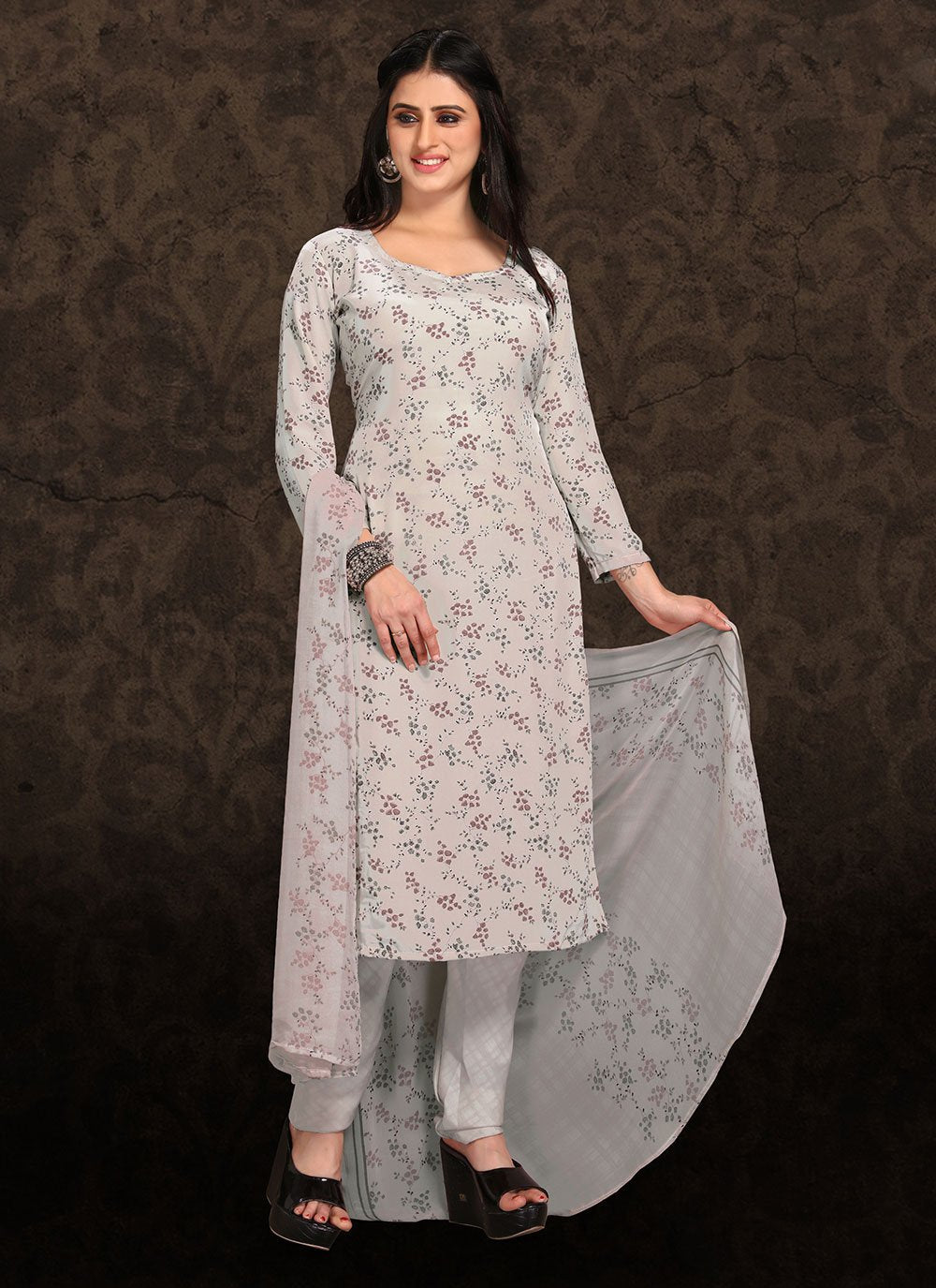 Straight Salwar Suit Faux Crepe Beige Floral Patch Salwar Kameez