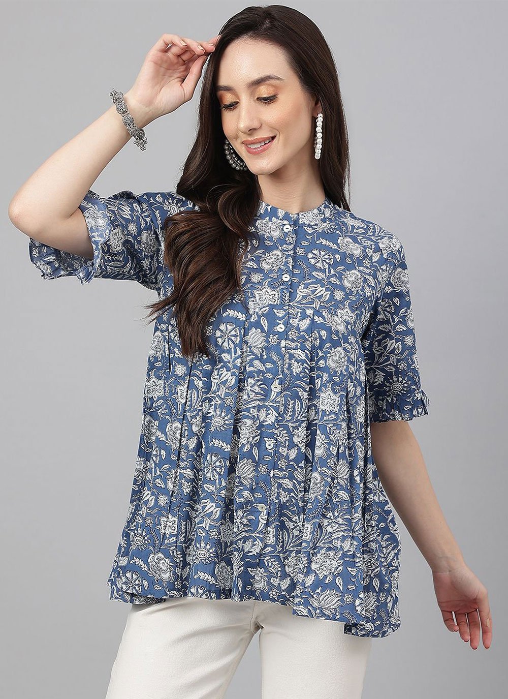 Party Wear Kurti Cotton Blue Floral Patch Kurtis