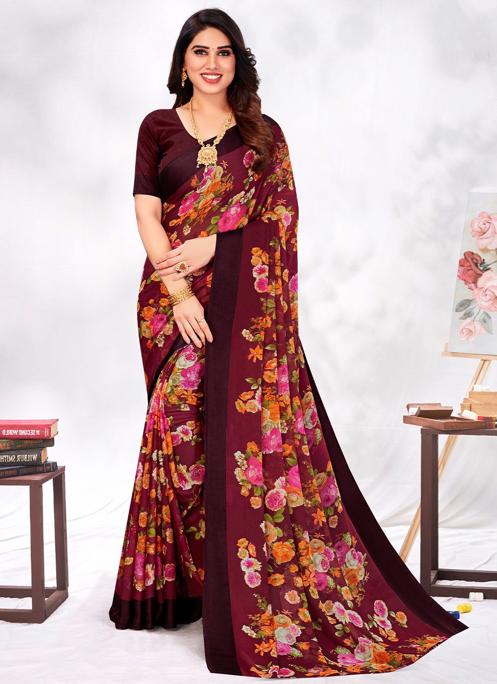 Trendy Saree Chiffon Maroon Floral Patch Saree