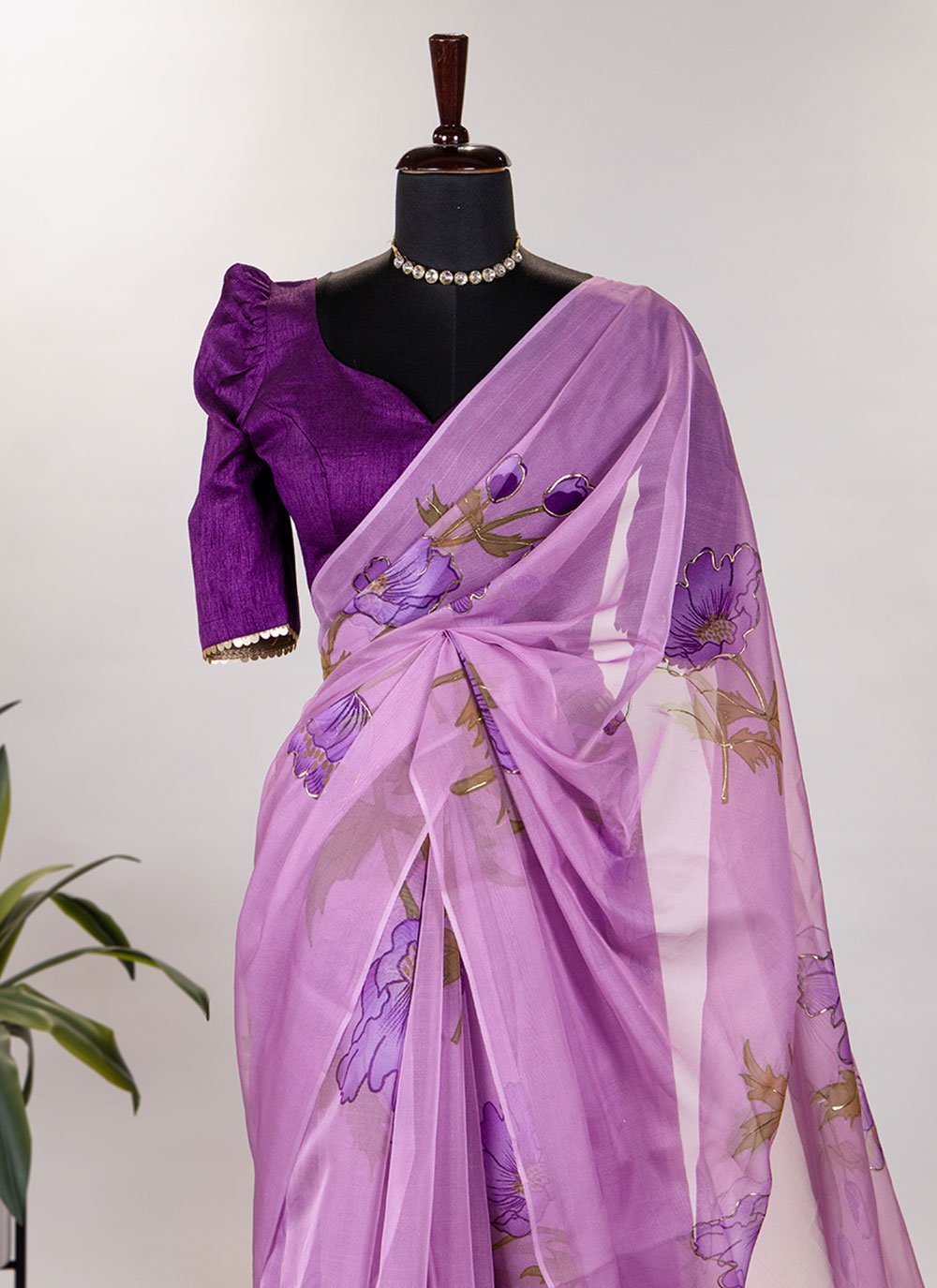 Classic Organza Purple Floral Patch Saree