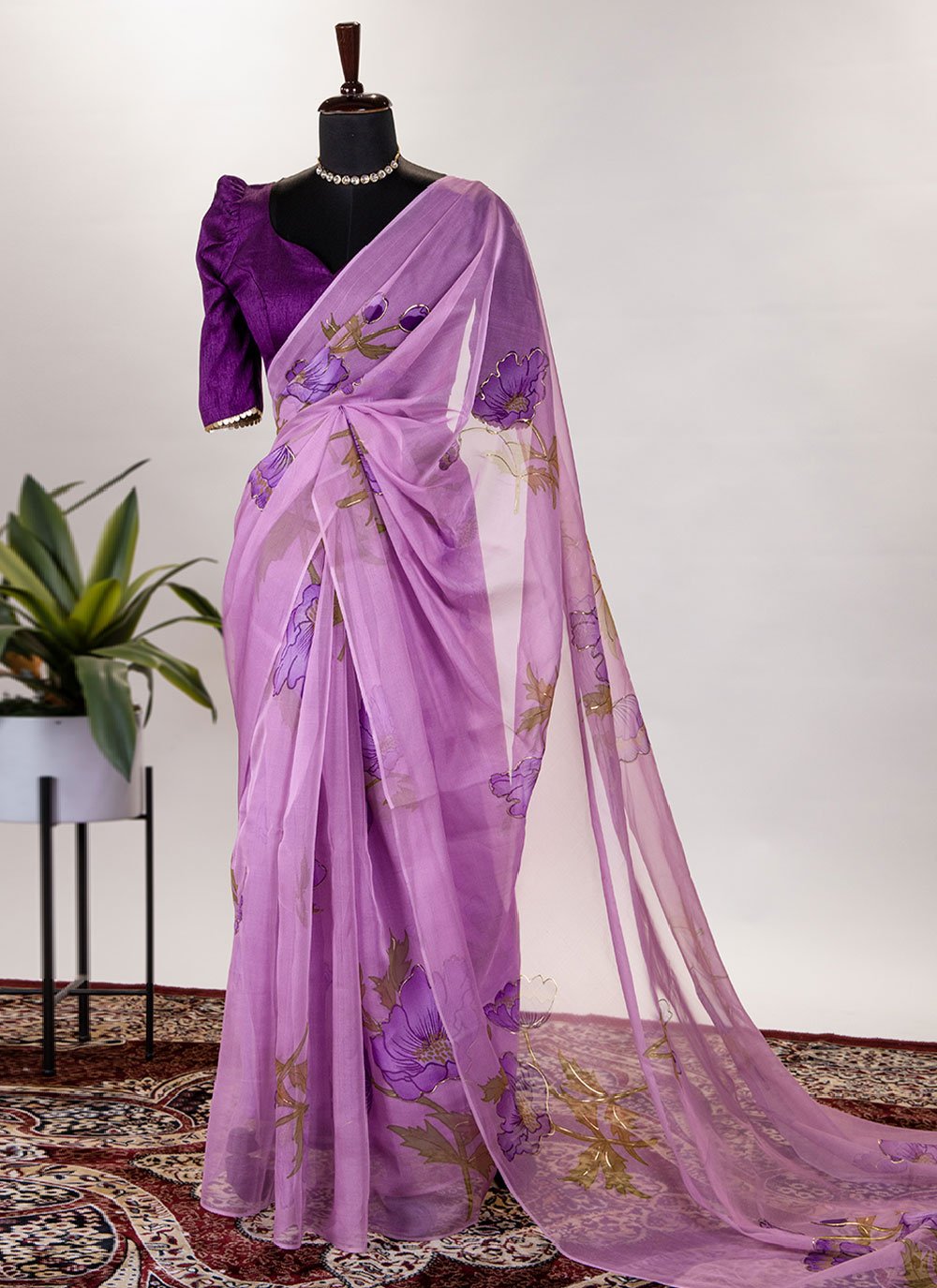 Classic Organza Purple Floral Patch Saree