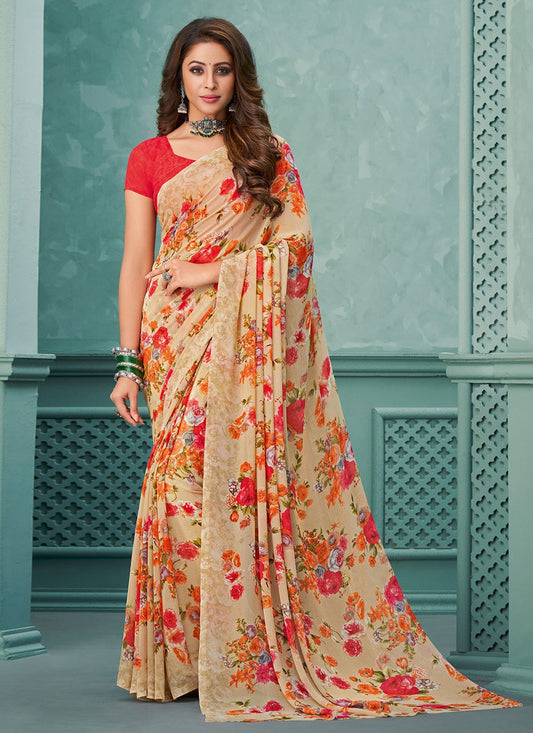 Contemporary Georgette Cream Floral Patch Saree