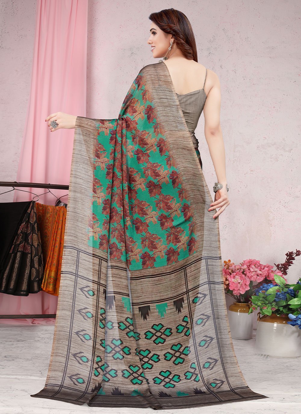 Contemporary Chiffon Turquoise Floral Patch Saree
