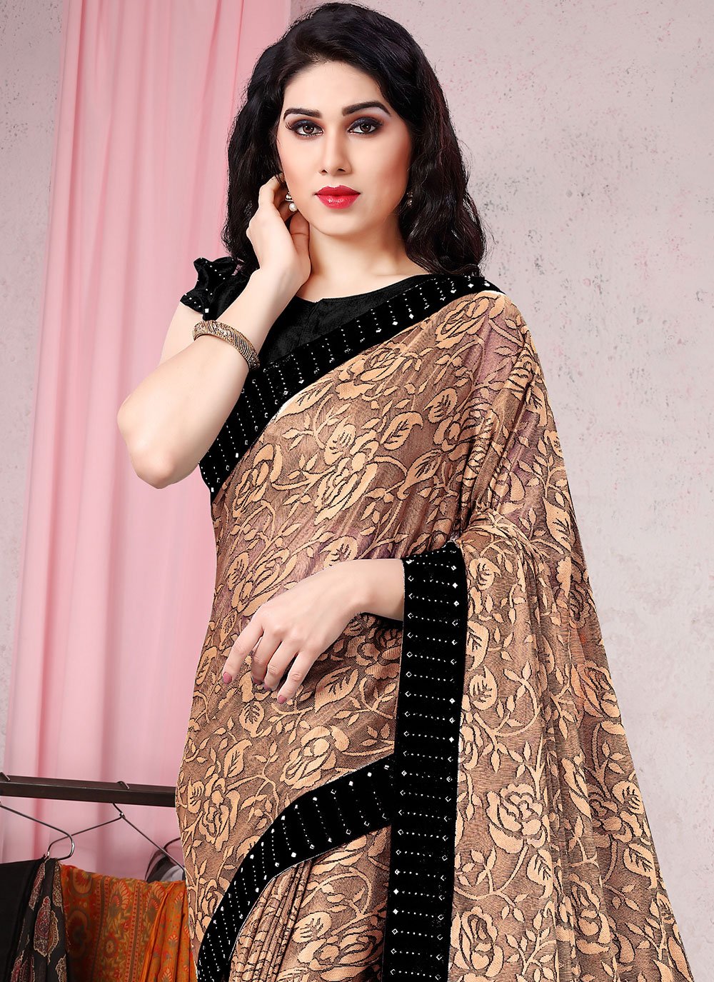 Contemporary Lycra Brown Floral Patch Saree