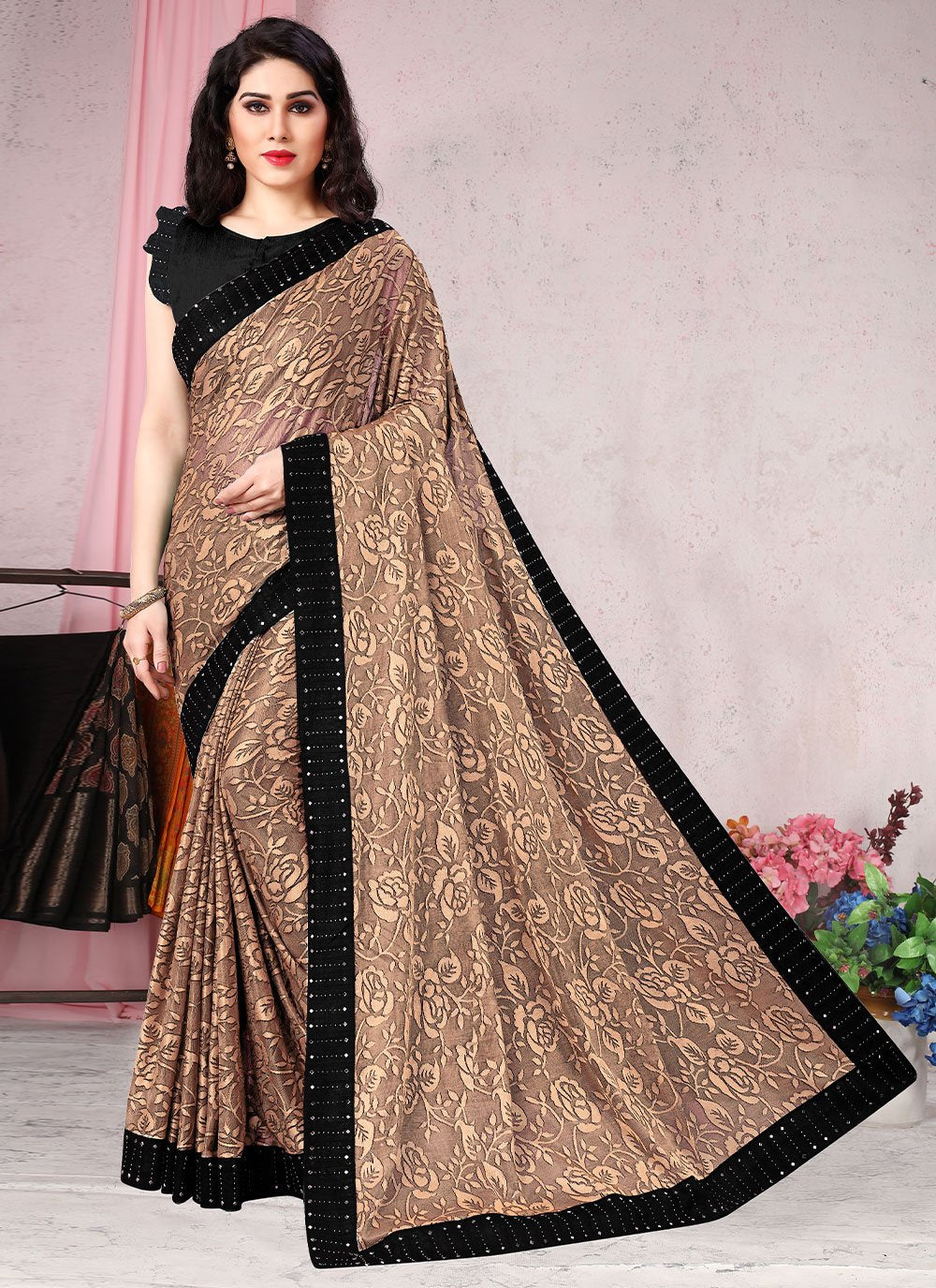 Contemporary Lycra Brown Floral Patch Saree