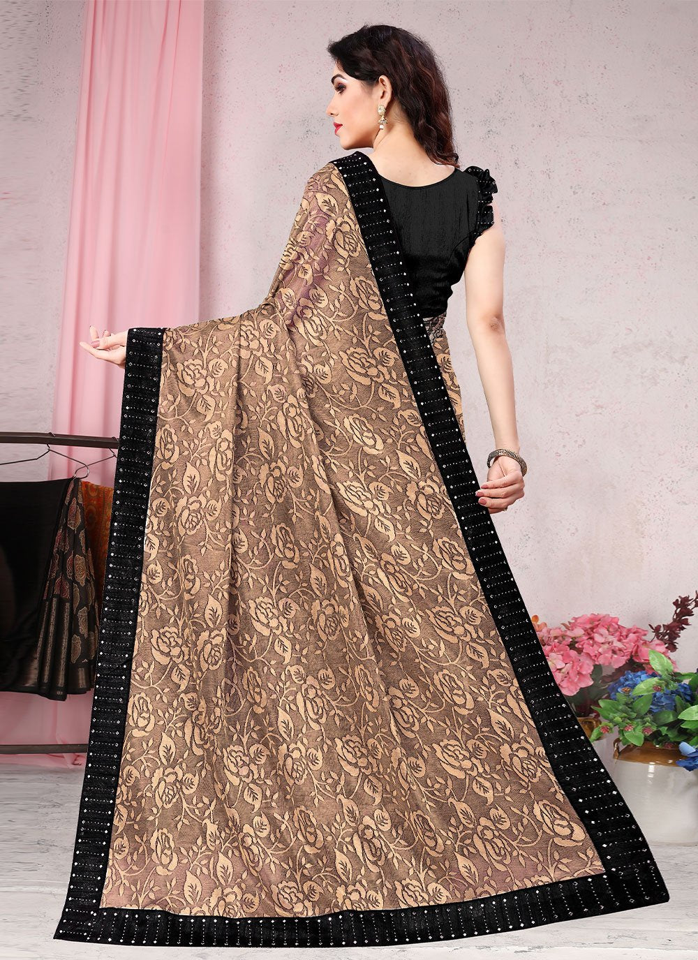 Contemporary Lycra Brown Floral Patch Saree