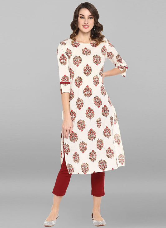 Casual Kurti Cotton Off White Floral Patch Kurtis