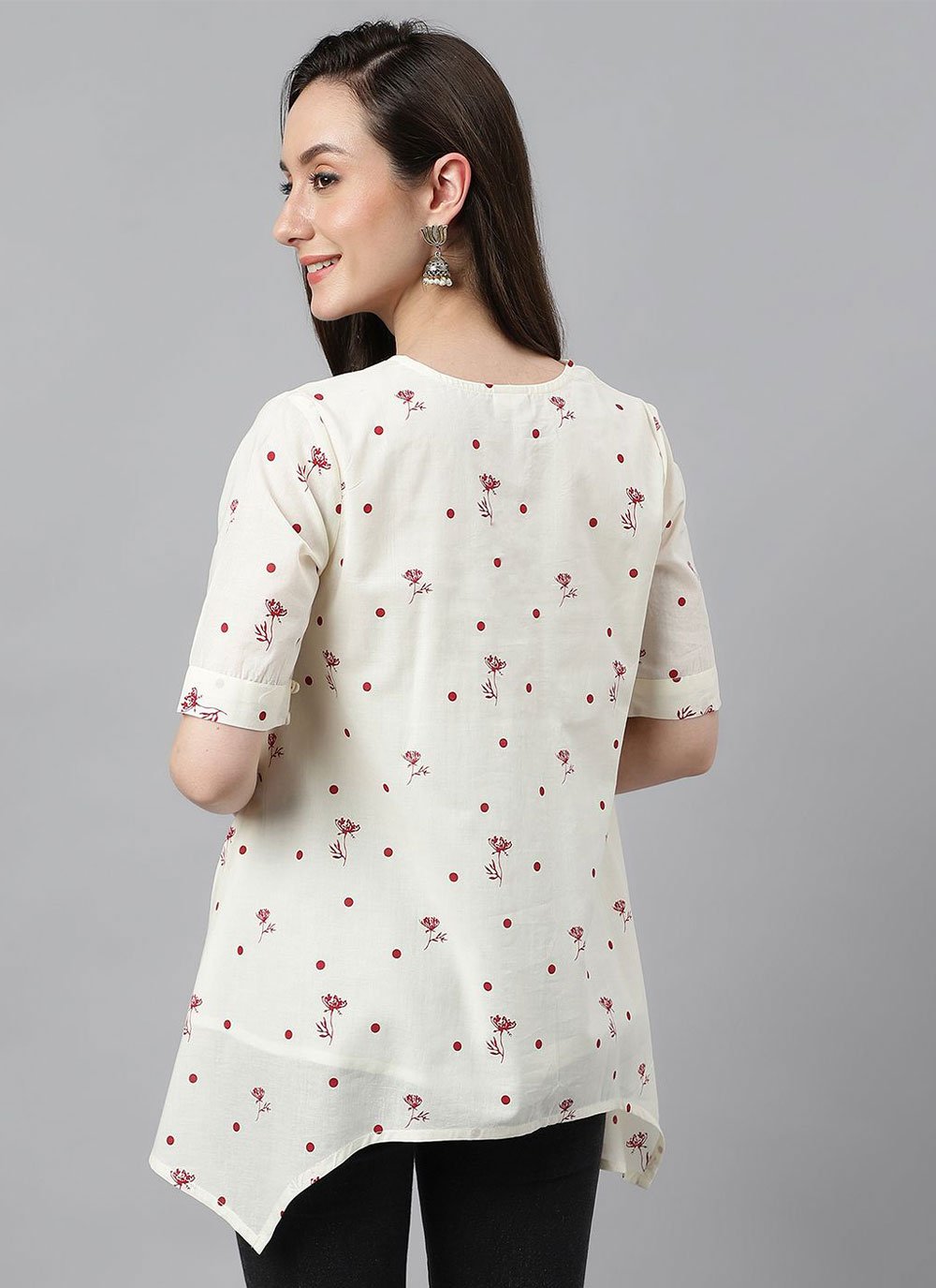 Designer Kurti Cotton Off White Floral Patch Kurtis