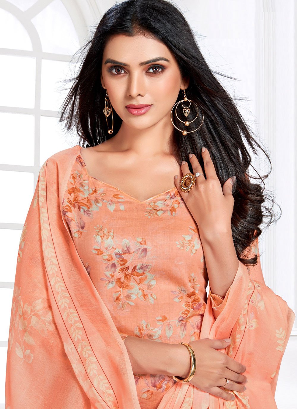 Pant Style Suit Cotton Satin Peach Floral Patch Salwar Kameez