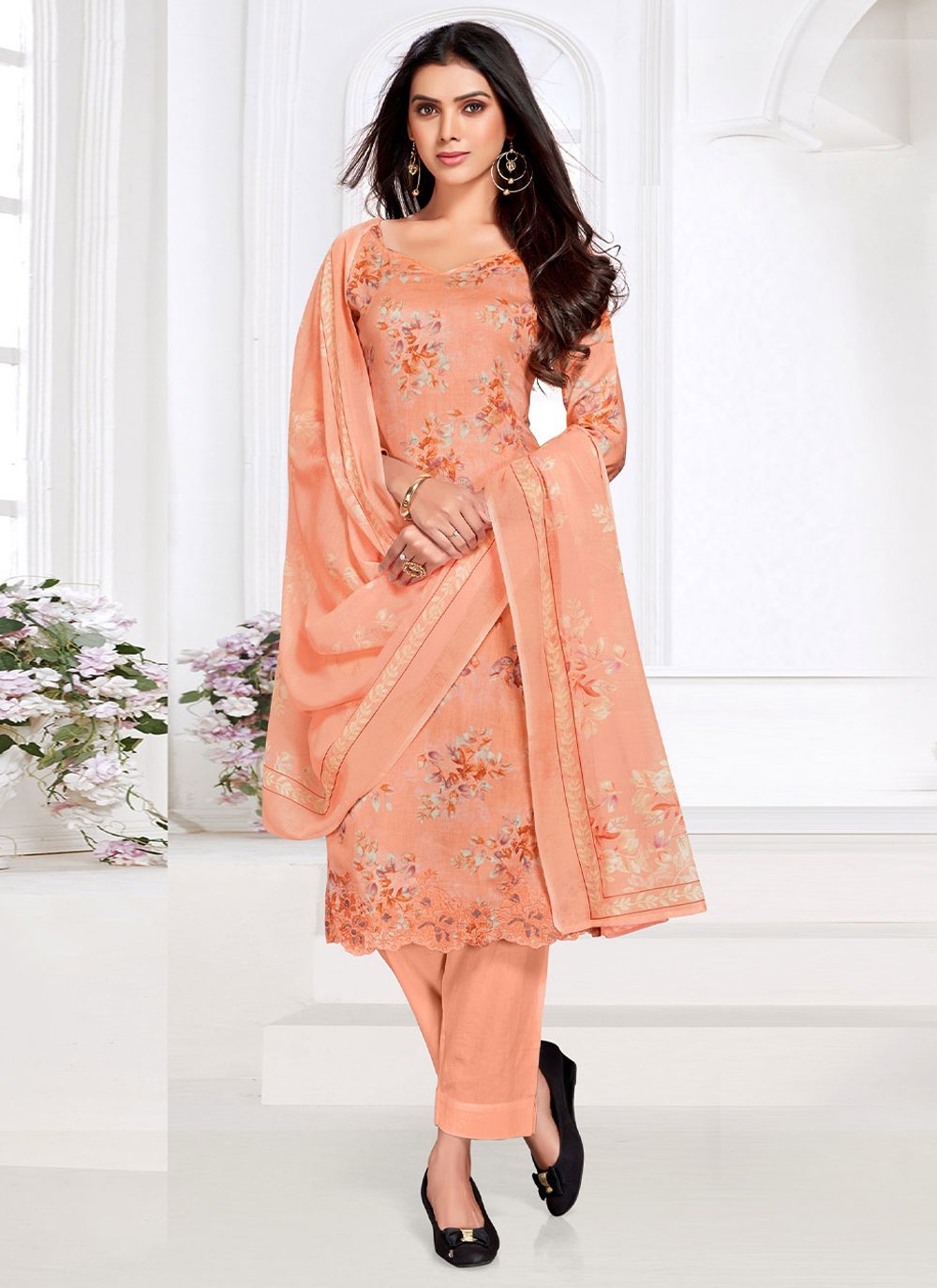Pant Style Suit Cotton Satin Peach Floral Patch Salwar Kameez