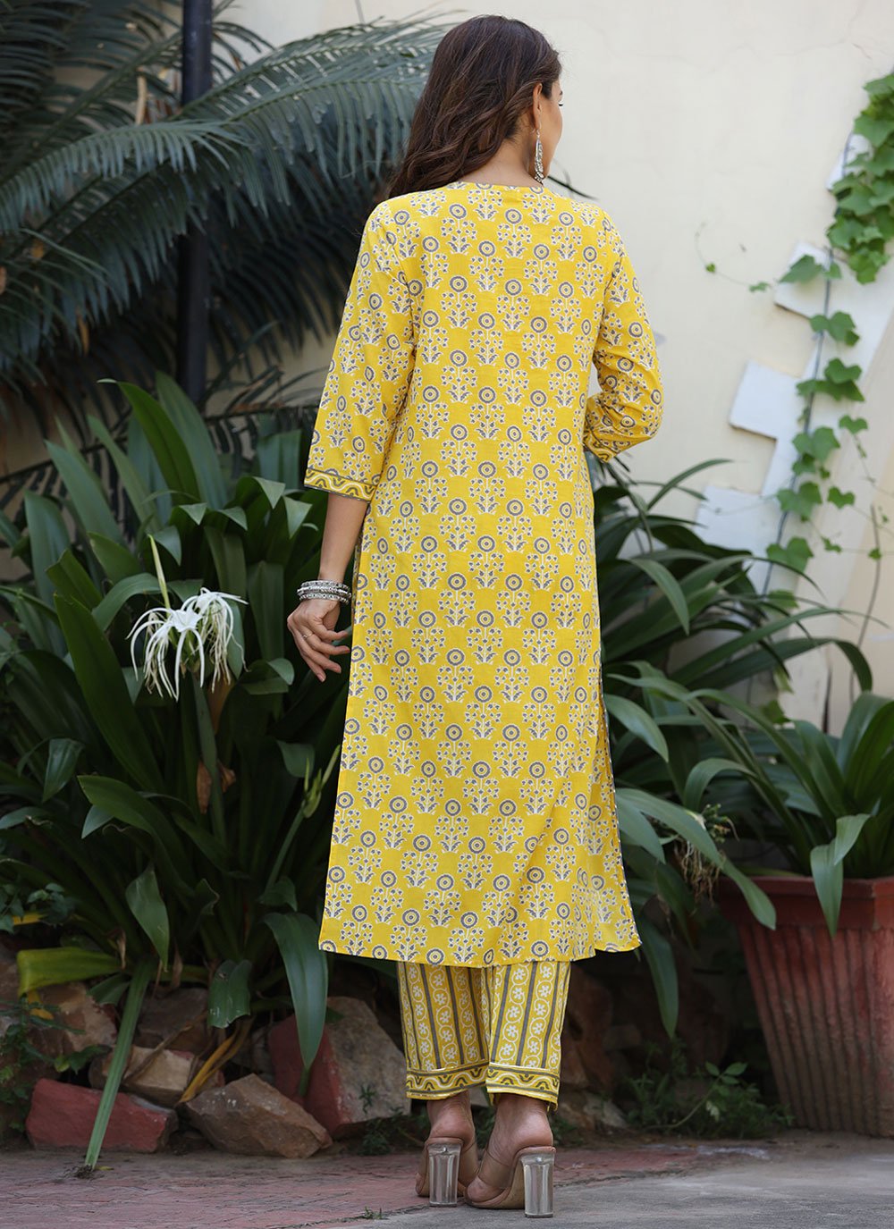 Straight Salwar Suit Cotton Yellow Floral Patch Salwar Kameez