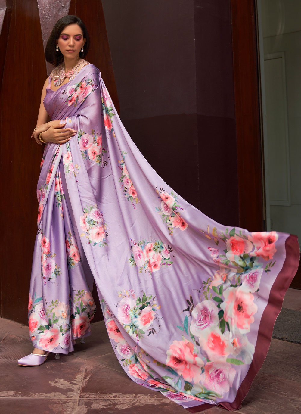 Designer Satin Lavender Floral Patch Saree