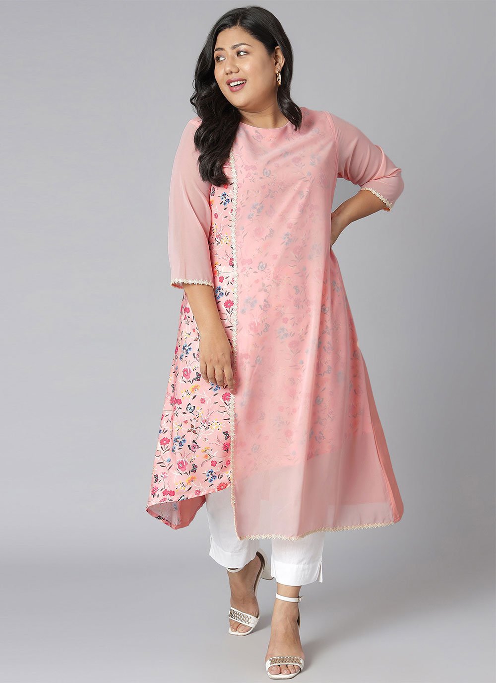 Designer Kurti Faux Crepe Pink Floral Patch Kurtis