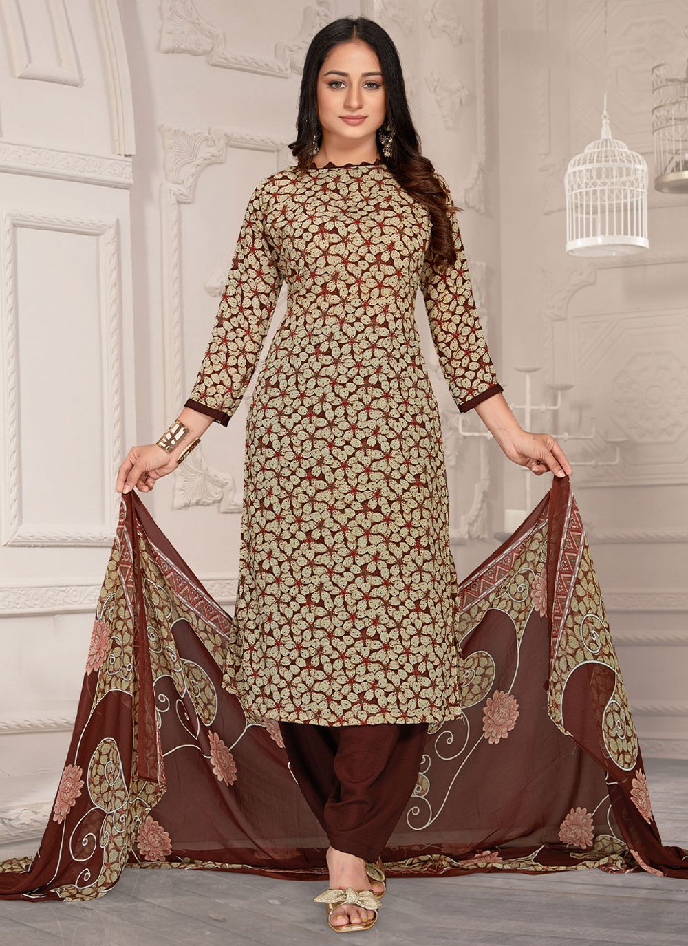 Salwar Suit Faux Crepe Multi Colour Floral Patch Salwar Kameez