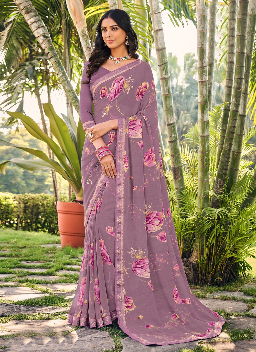 Designer Trendy Saree Georgette Purple Floral Patch Saree