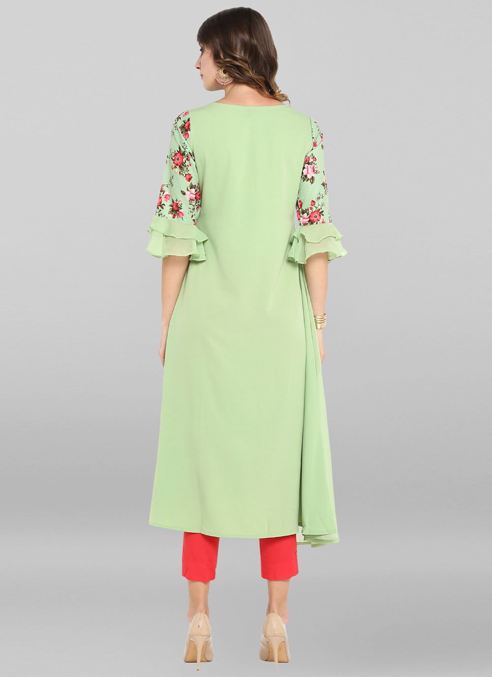 Party Wear Kurti Faux Crepe Green Floral Patch Kurtis