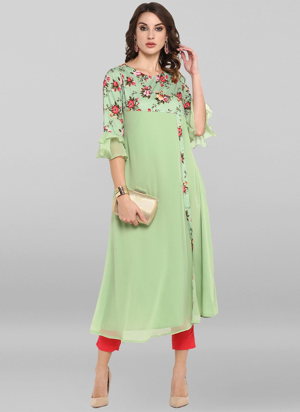 Party Wear Kurti Faux Crepe Green Floral Patch Kurtis