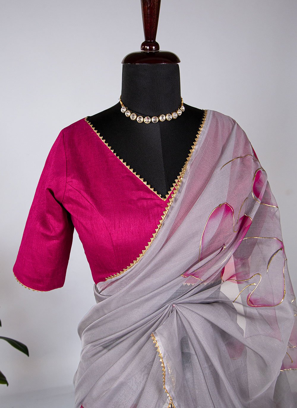 Contemporary Organza Grey Floral Patch Saree