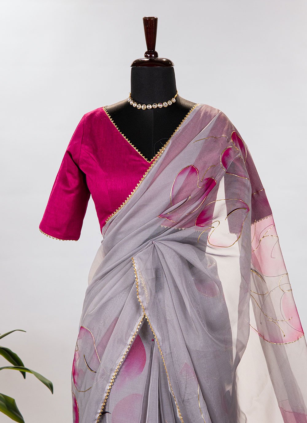 Contemporary Organza Grey Floral Patch Saree