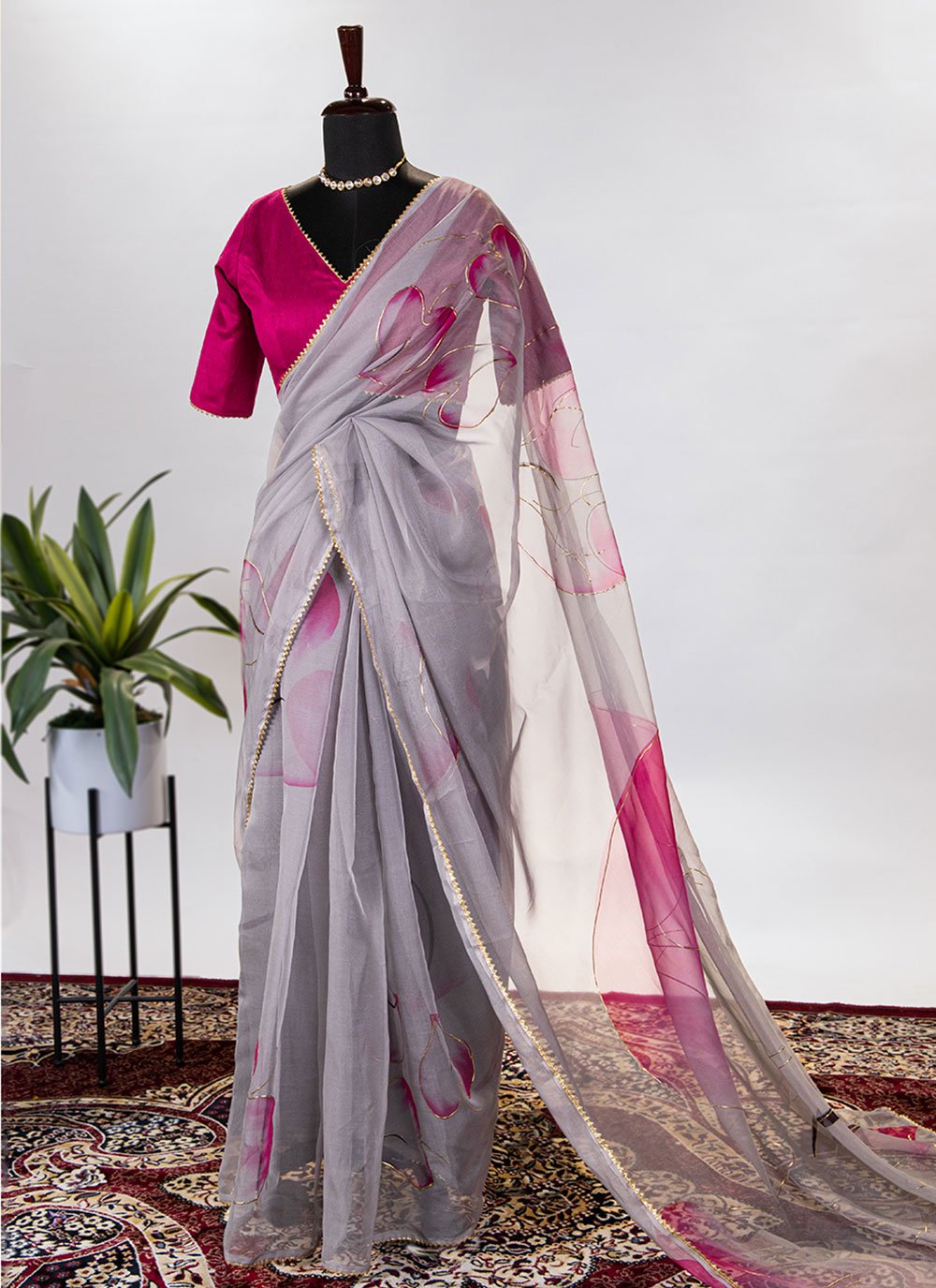 Contemporary Organza Grey Floral Patch Saree