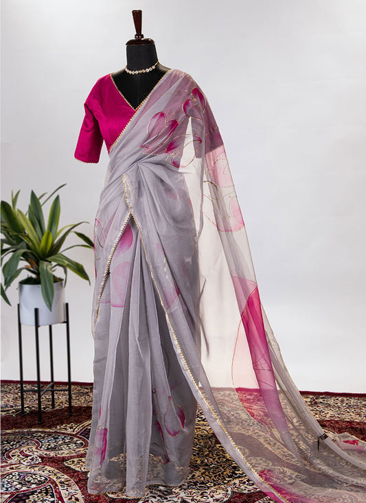 Contemporary Organza Grey Floral Patch Saree